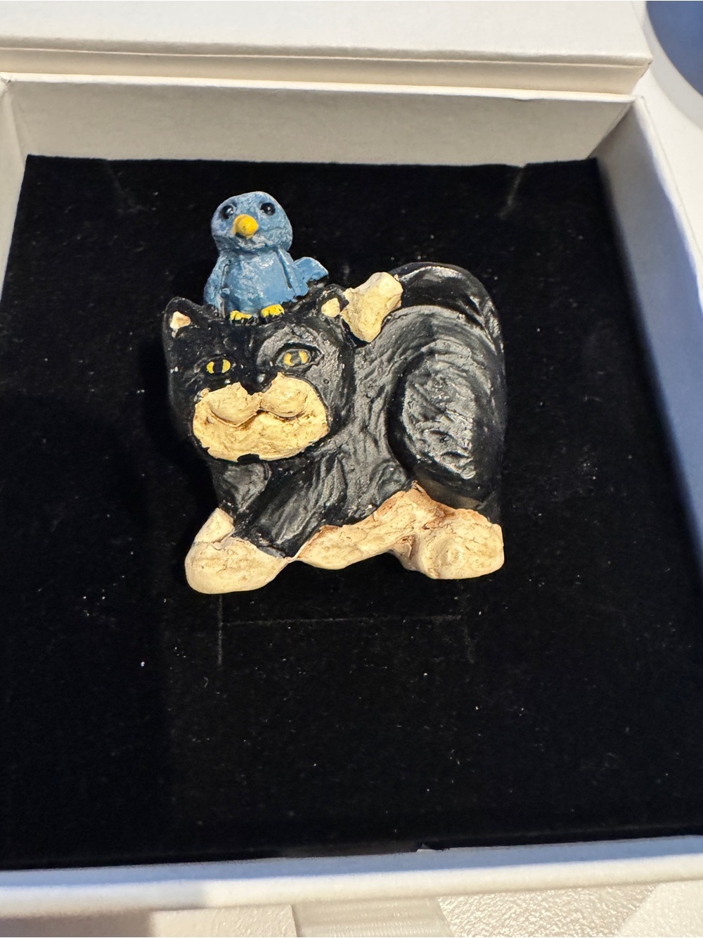 Black and Beige Cat Figurine with Blue Bird Accent Brooch